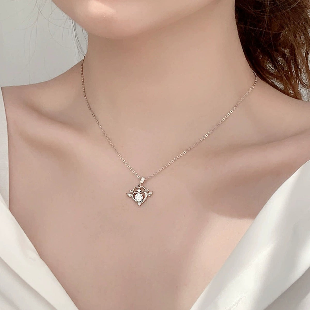 Angel Heart Round Moissanite Necklace with CZ in White Gold-Plated S925 sterling silver neckline model view showing pendant scale and chain length