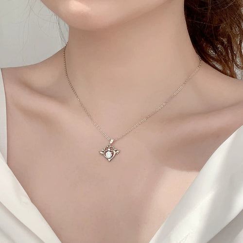 Angel Heart Round Moissanite Necklace with CZ in White Gold-Plated S925 sterling silver neckline model view showing pendant scale and chain length