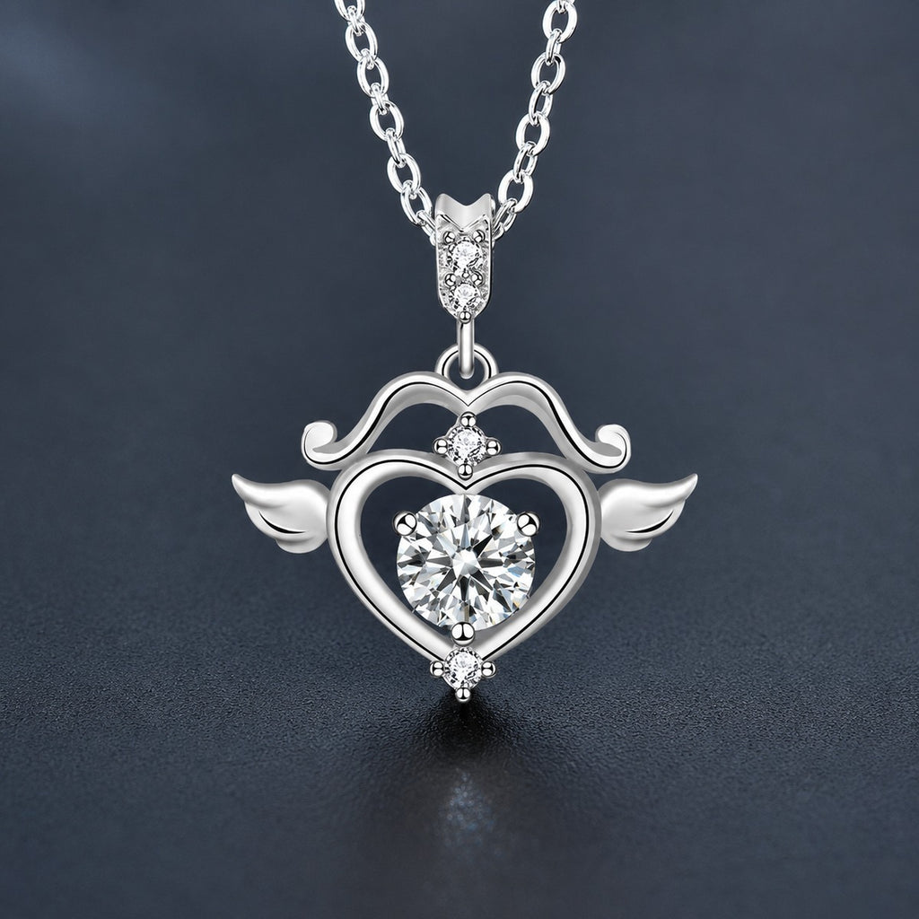 Angel Heart Round Moissanite Necklace with CZ in White Gold-Plated S925 sterling silver close-up product scene showing pendant setting