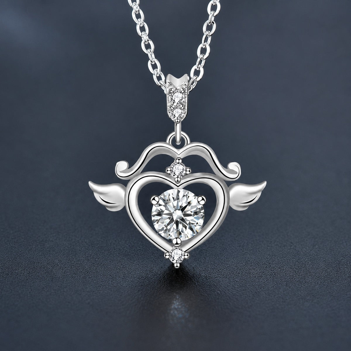 Angel Heart Round Moissanite Necklace with CZ in White Gold-Plated S925 sterling silver close-up product scene showing pendant setting
