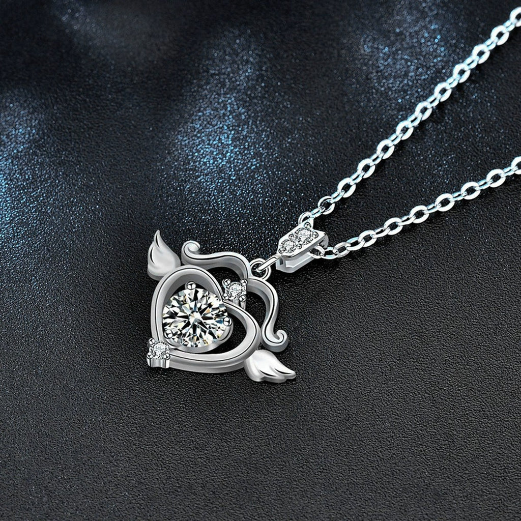 Angel Heart Round Moissanite Necklace with CZ in White Gold-Plated S925 sterling silver blue display scene showing chain and stone layout