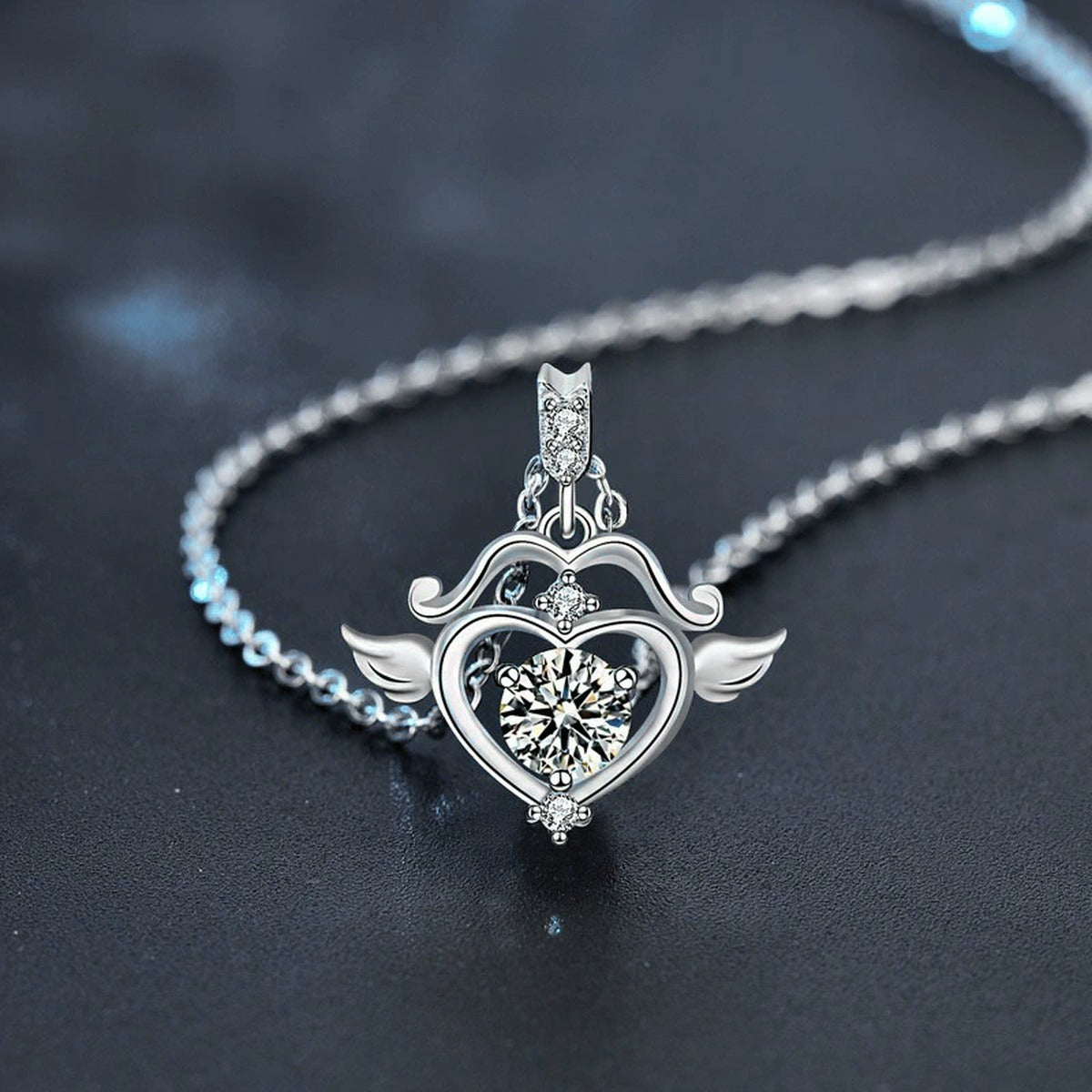 Angel Heart Round Moissanite Necklace with CZ in White Gold-Plated S925 sterling silver angled product detail view