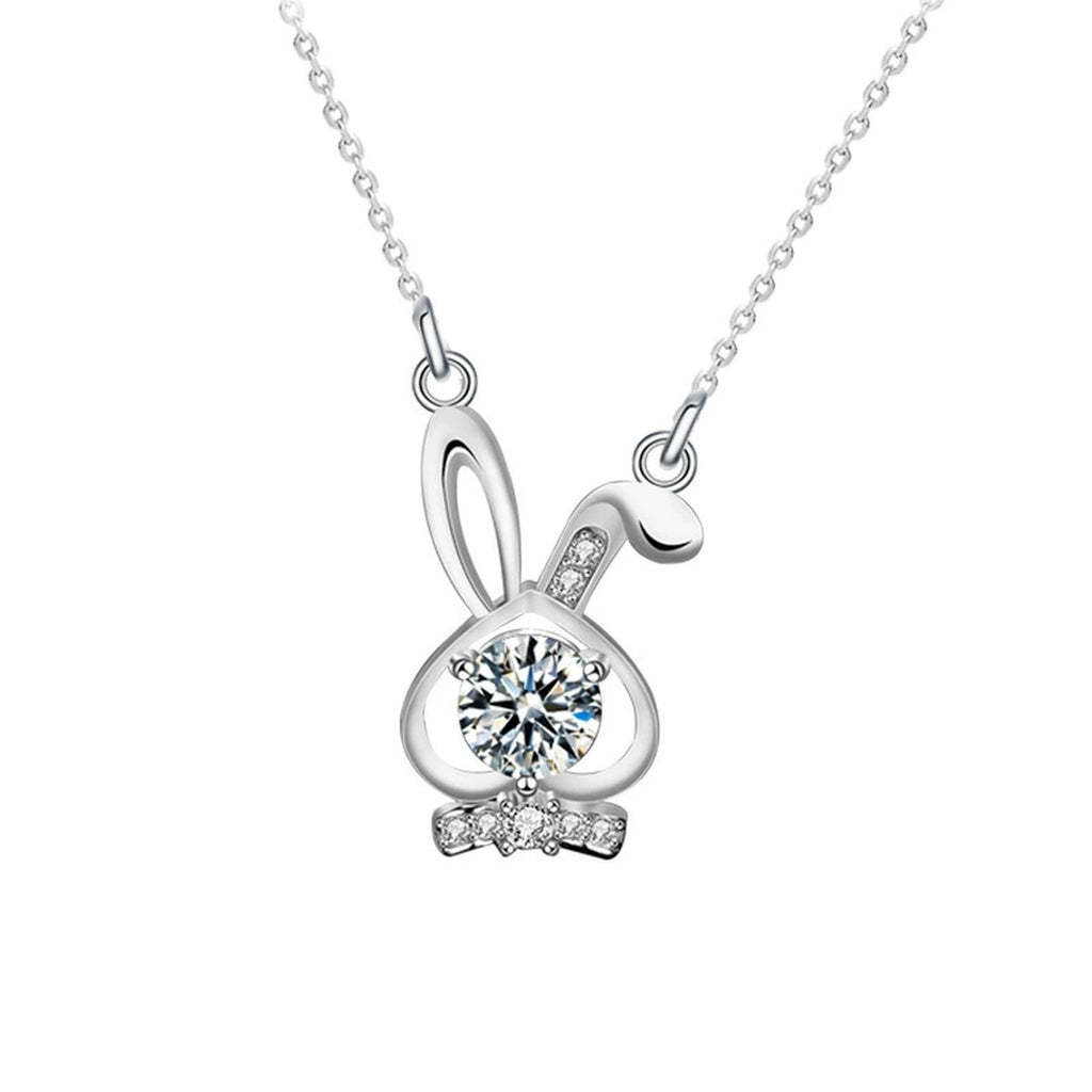 Bunny Round Moissanite Necklace with CZ in White Gold-Plated S925 sterling silver white background product photo showing bunny pendant with round moissanite center and CZ bow detail