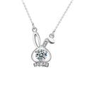 Bunny Round Moissanite Necklace with CZ in White Gold-Plated S925 sterling silver white background product photo showing bunny pendant with round moissanite center and CZ bow detail