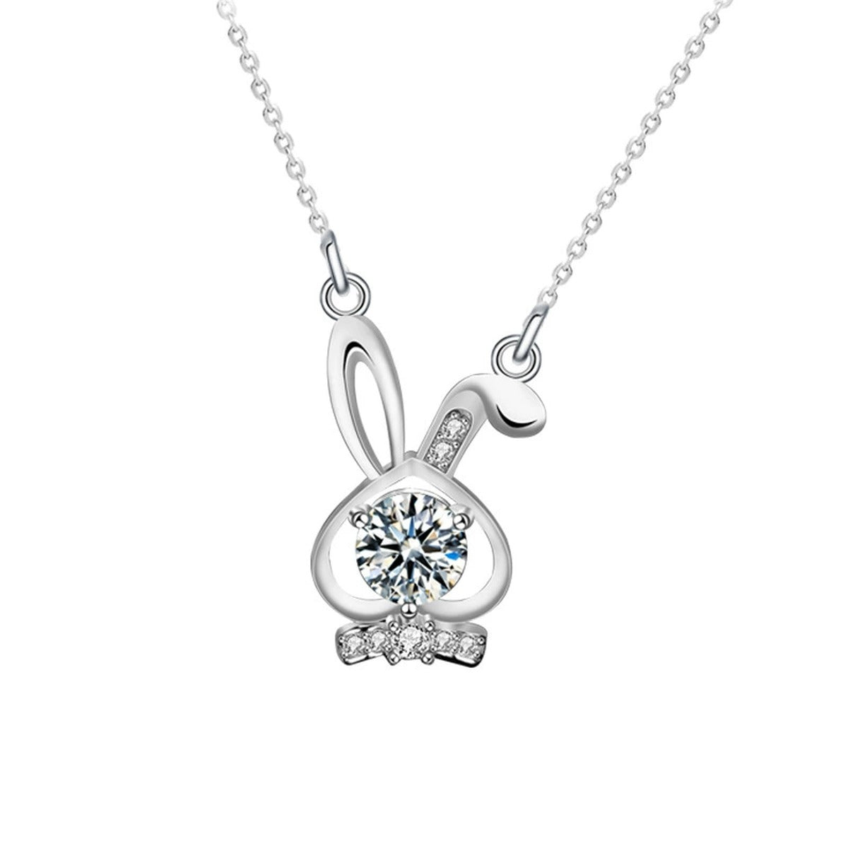 Bunny Round Moissanite Necklace with CZ in White Gold-Plated S925 sterling silver white background product photo showing bunny pendant with round moissanite center and CZ bow detail