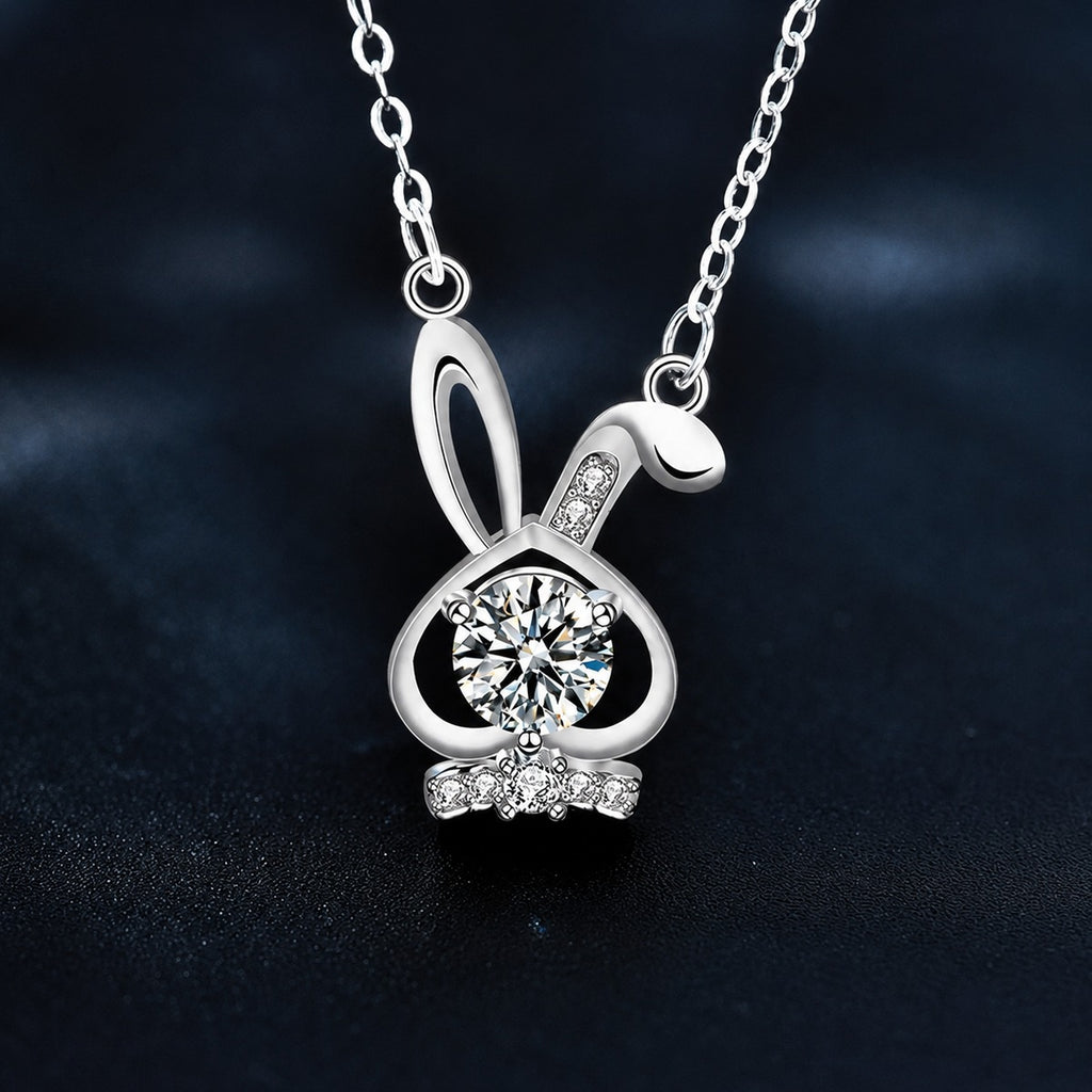 Bunny Round Moissanite Necklace with CZ in White Gold-Plated S925 sterling silver close-up product scene showing pendant setting