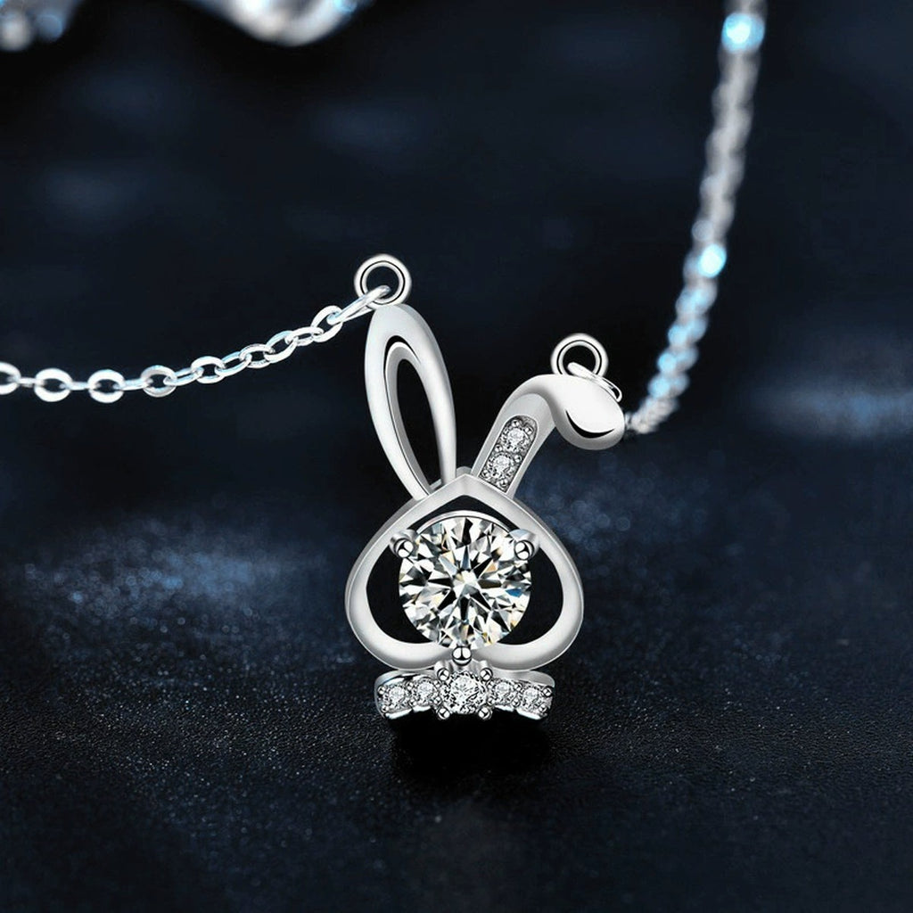 Bunny Round Moissanite Necklace with CZ in White Gold-Plated S925 sterling silver blue display scene showing chain and stone layout