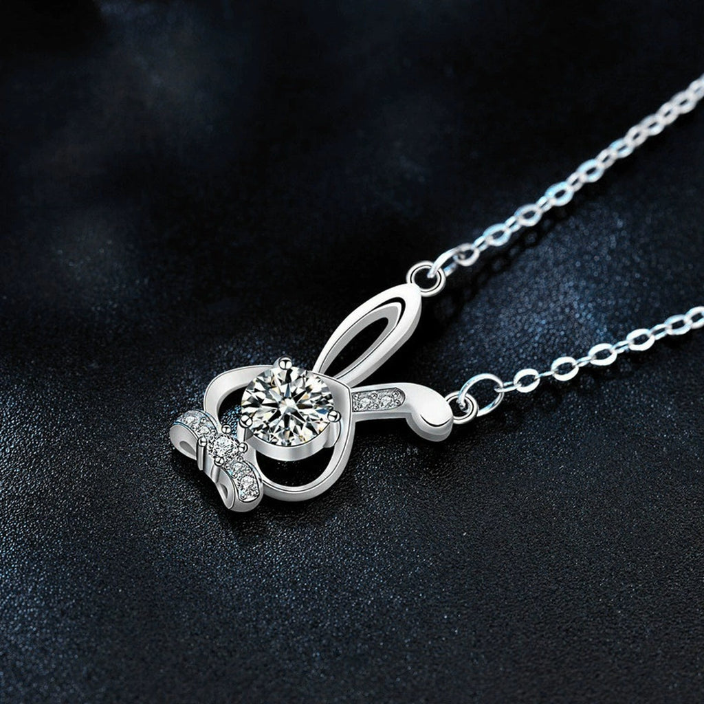 Bunny Round Moissanite Necklace with CZ in White Gold-Plated S925 sterling silver angled product detail view