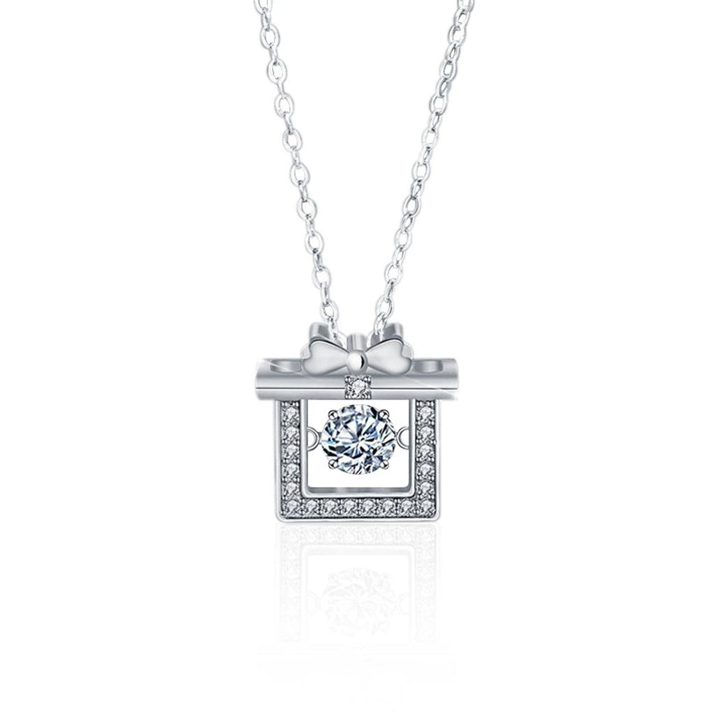Gift Box Round Moissanite Necklace with CZ in White Gold-Plated S925 sterling silver white background product photo showing gift box pendant with a round moissanite center and CZ ribbon-like frame