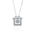 Gift Box Round Moissanite Necklace with CZ in White Gold-Plated S925 sterling silver white background product photo showing gift box pendant with a round moissanite center and CZ ribbon-like frame
