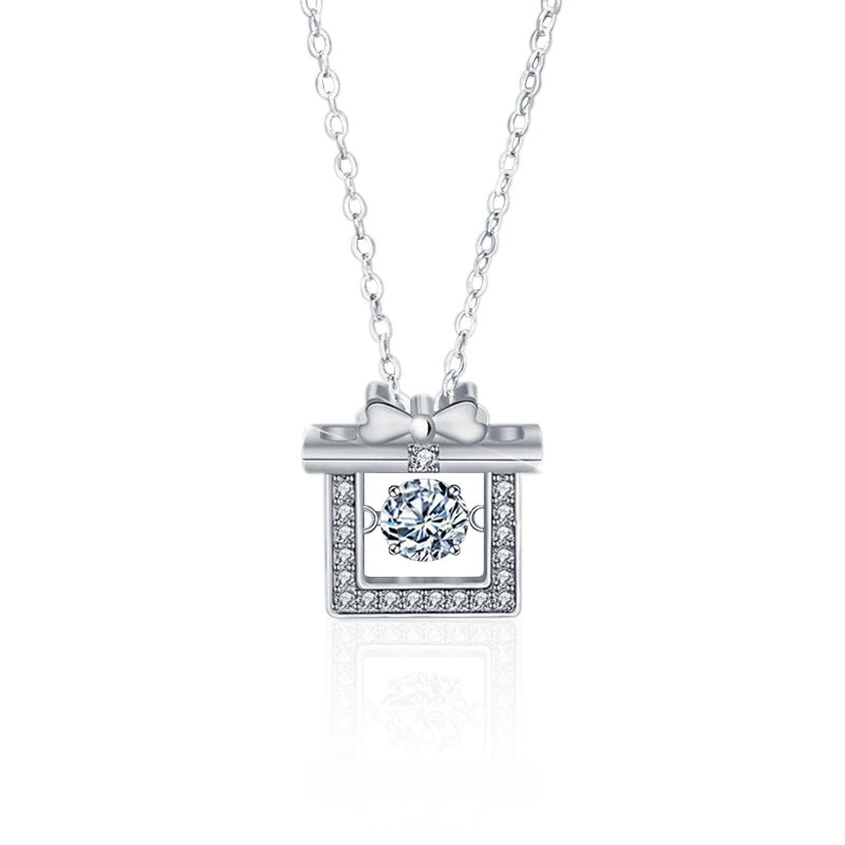 Gift Box Round Moissanite Necklace with CZ in White Gold-Plated S925 sterling silver white background product photo showing gift box pendant with a round moissanite center and CZ ribbon-like frame