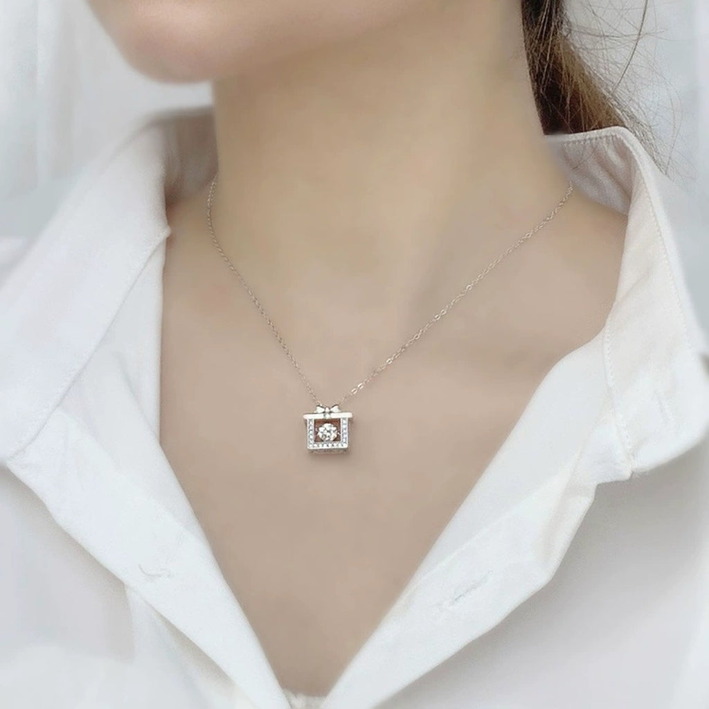 Gift Box Round Moissanite Necklace with CZ in White Gold-Plated S925 sterling silver neckline model view showing pendant scale and chain length