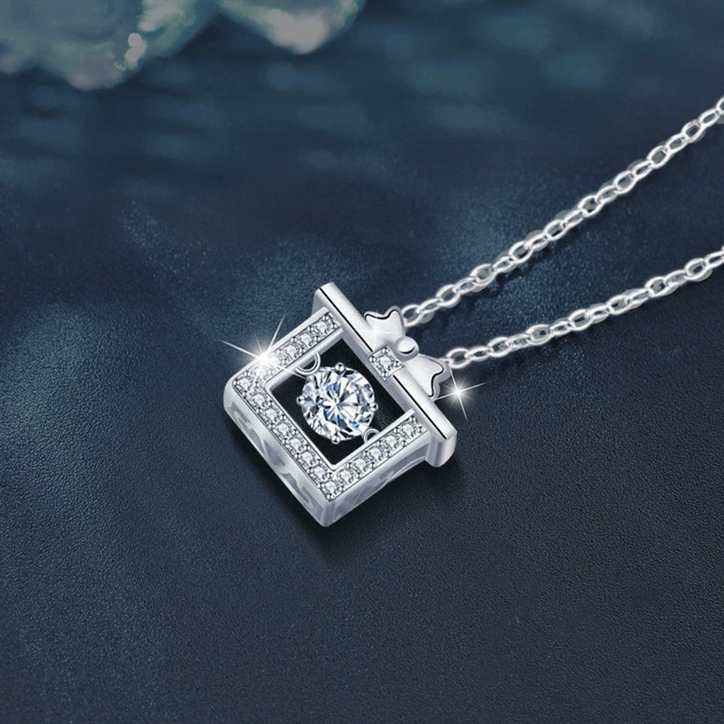 Gift Box Round Moissanite Necklace with CZ in White Gold-Plated S925 sterling silver close-up product scene showing pendant setting