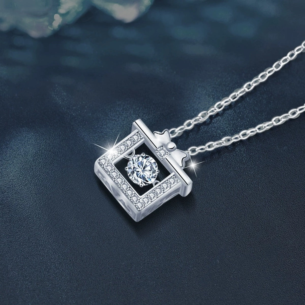 Gift Box Round Moissanite Necklace with CZ in White Gold-Plated S925 sterling silver close-up product scene showing pendant setting