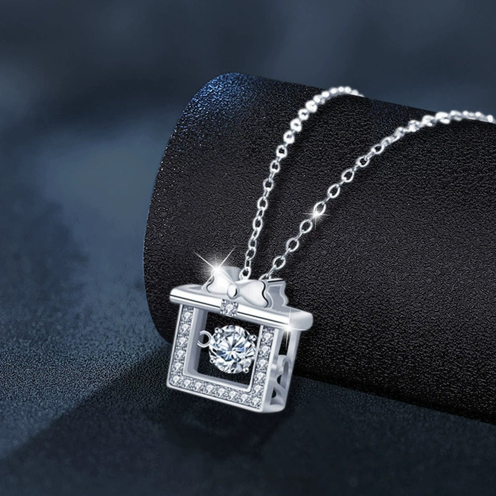 Gift Box Round Moissanite Necklace with CZ in White Gold-Plated S925 sterling silver blue display scene showing chain and stone layout