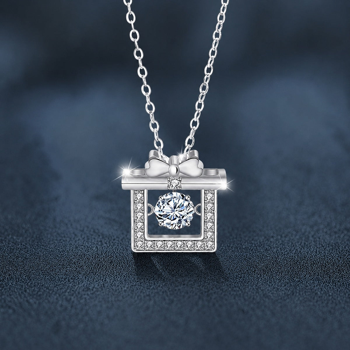 Gift Box Round Moissanite Necklace with CZ in White Gold-Plated S925 sterling silver angled product detail view