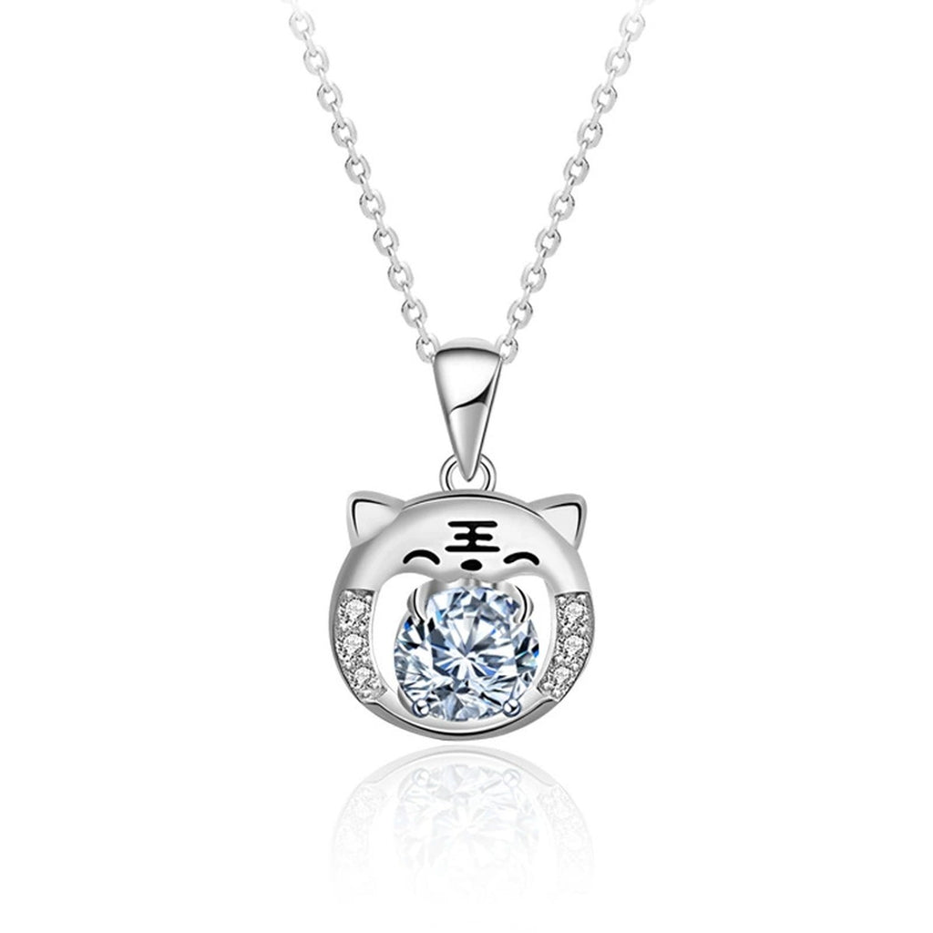 Tiger Round Moissanite Necklace with CZ in White Gold-Plated S925 sterling silver white background product photo showing tiger pendant with round moissanite center and CZ facial detail