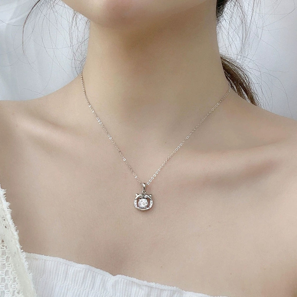Tiger Round Moissanite Necklace with CZ in White Gold-Plated S925 sterling silver neckline model view showing pendant scale and chain length