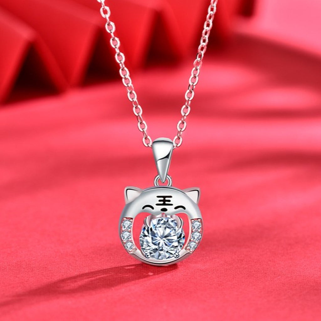 Tiger Round Moissanite Necklace with CZ in White Gold-Plated S925 sterling silver angled product detail view