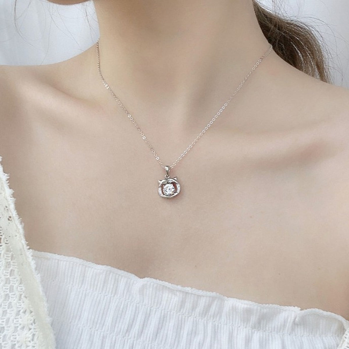 Tiger Round Moissanite Necklace with CZ in White Gold-Plated S925 sterling silver neckline model view showing pendant scale and chain length