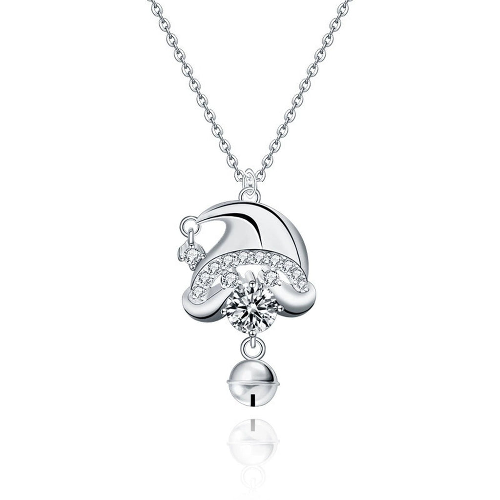 Christmas Hat Round Moissanite Necklace with CZ in White Gold-Plated S925 sterling silver white background front product view showing playful Christmas hat pendant set with a round moissanite and CZ trim