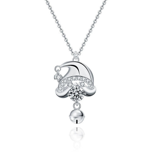 Christmas Hat Round Moissanite Necklace with CZ in White Gold-Plated S925 sterling silver white background front product view showing playful Christmas hat pendant set with a round moissanite and CZ trim