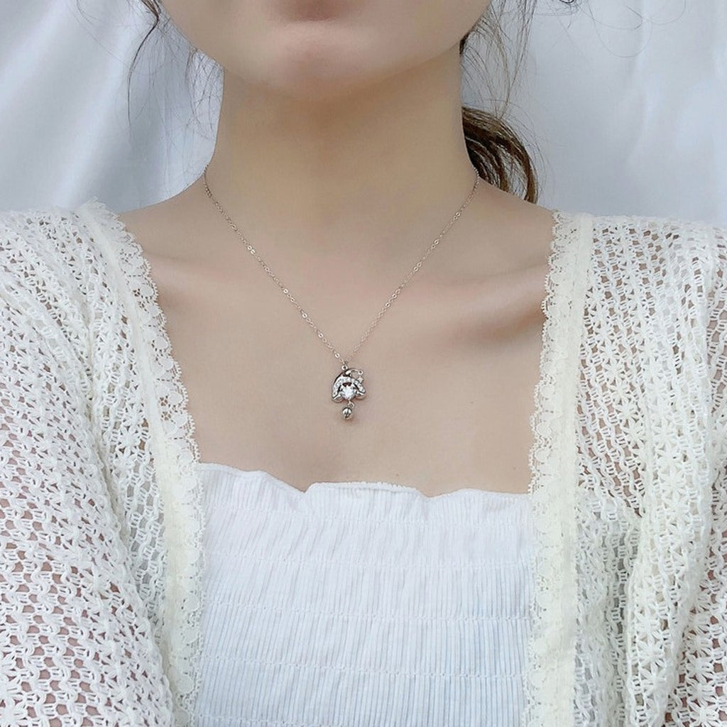 Christmas Hat Round Moissanite Necklace with CZ in White Gold-Plated S925 sterling silver neckline model view showing pendant scale and chain length