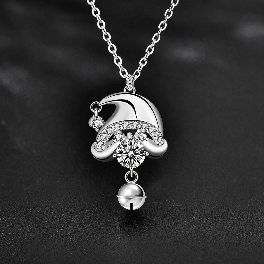 Christmas Hat Round Moissanite Necklace with CZ in White Gold-Plated S925 sterling silver close-up styled product scene showing pendant setting