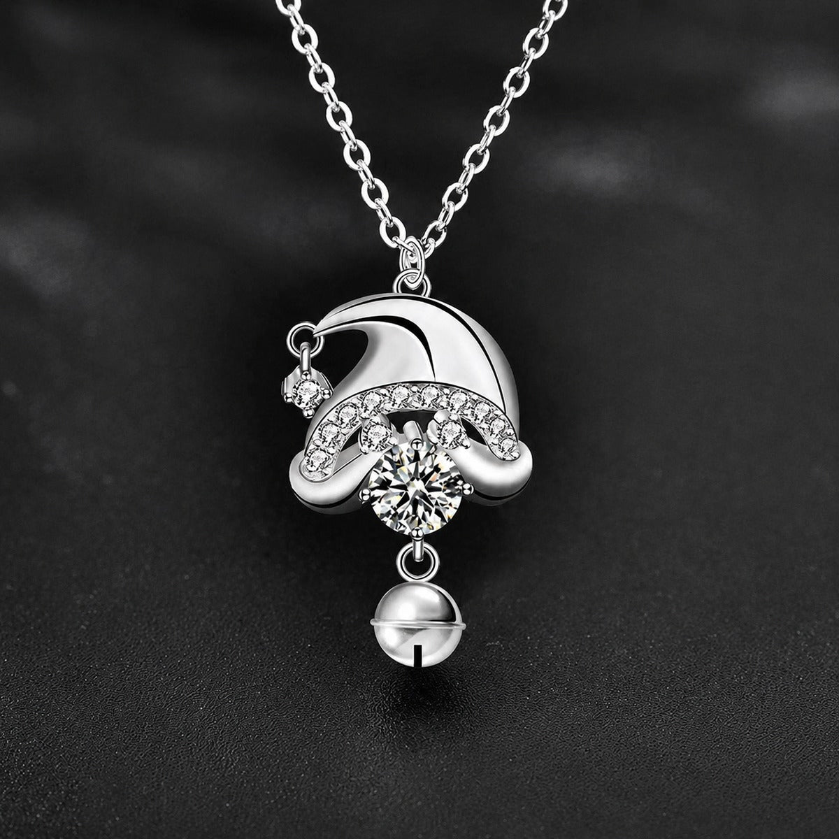 Christmas Hat Round Moissanite Necklace with CZ in White Gold-Plated S925 sterling silver close-up styled product scene showing pendant setting