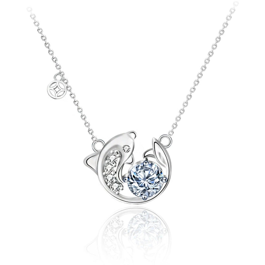 Fish Round Moissanite Necklace with CZ in White Gold-Plated S925 sterling silver white background product photo showing fish pendant with round moissanite center and CZ tail detail