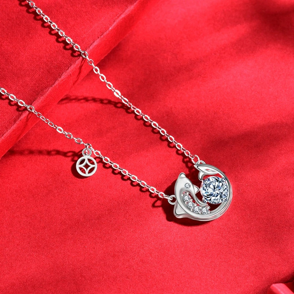 Fish Round Moissanite Necklace with CZ in White Gold-Plated S925 sterling silver neckline model view showing pendant scale and chain length