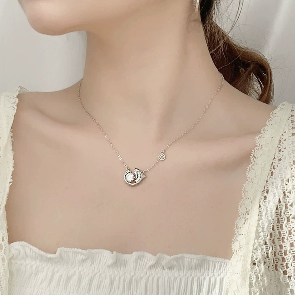 Fish Round Moissanite Necklace with CZ in White Gold-Plated S925 sterling silver close-up product scene showing pendant setting