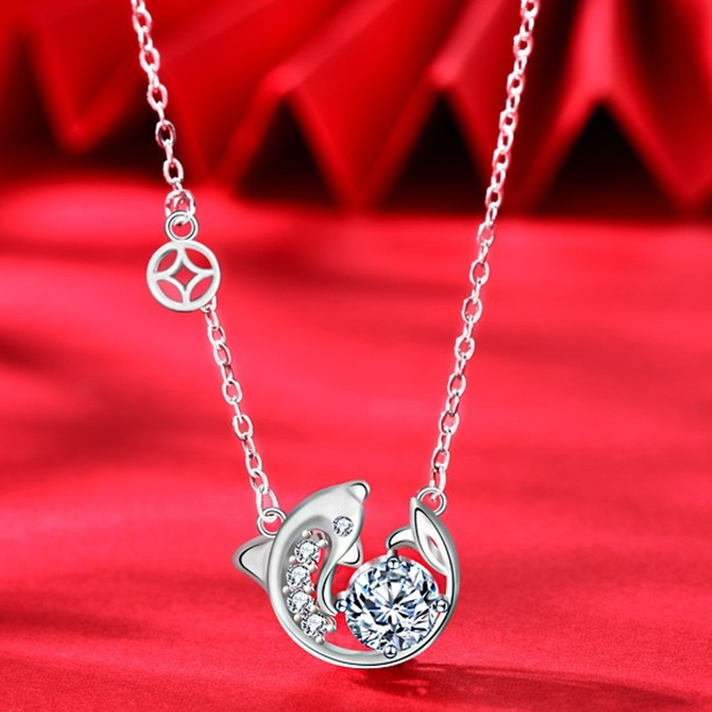 Fish Round Moissanite Necklace with CZ in White Gold-Plated S925 sterling silver angled product detail view