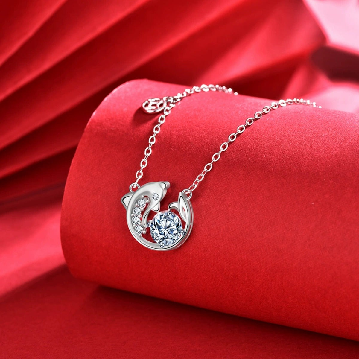 Fish Round Moissanite Necklace with CZ in White Gold-Plated S925 sterling silver neckline model view showing pendant scale and chain length