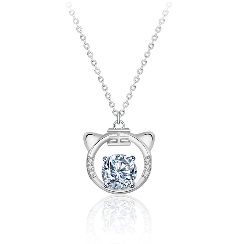 Tiger Round Moissanite Necklace with CZ in White Gold-Plated S925 sterling silver white background product photo showing catlike tiger pendant with round moissanite center and CZ accents