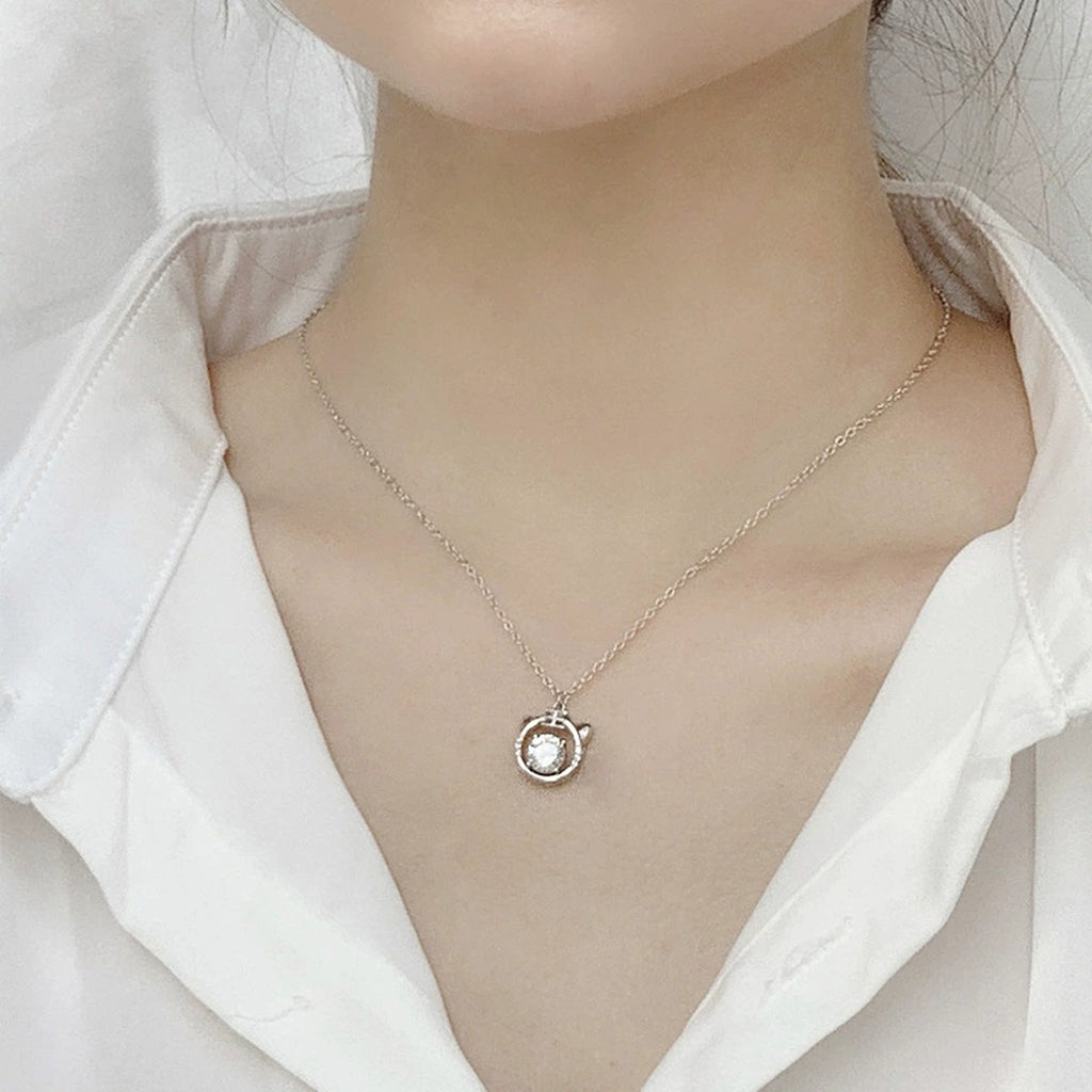 Tiger Round Moissanite Necklace with CZ in White Gold-Plated S925 sterling silver neckline model view showing pendant scale and chain length