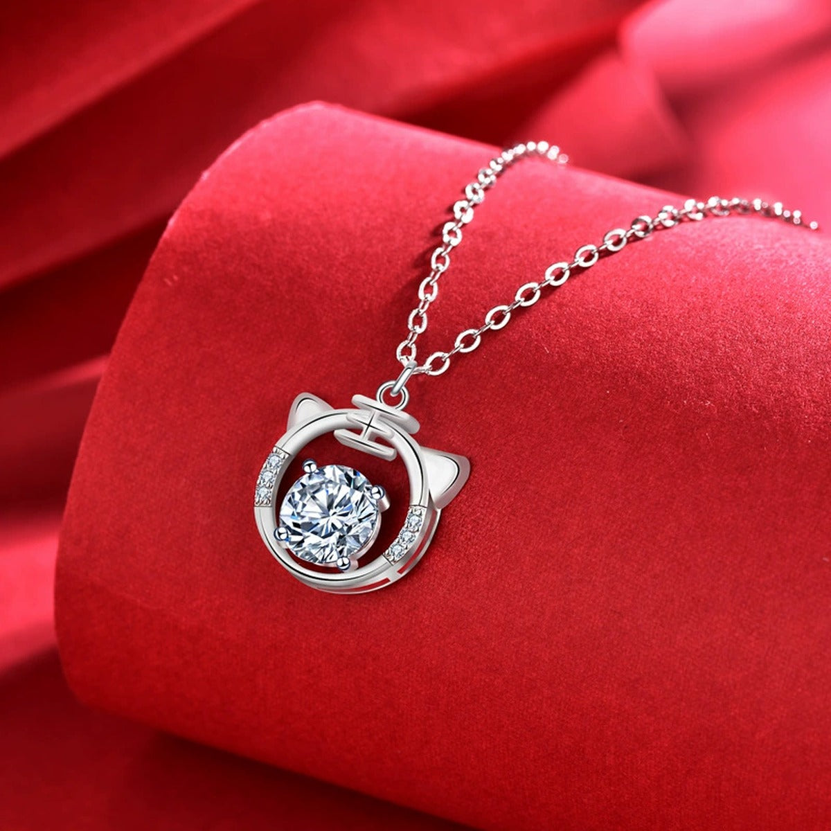 Tiger Round Moissanite Necklace with CZ in White Gold-Plated S925 sterling silver blue display scene showing chain and stone layout