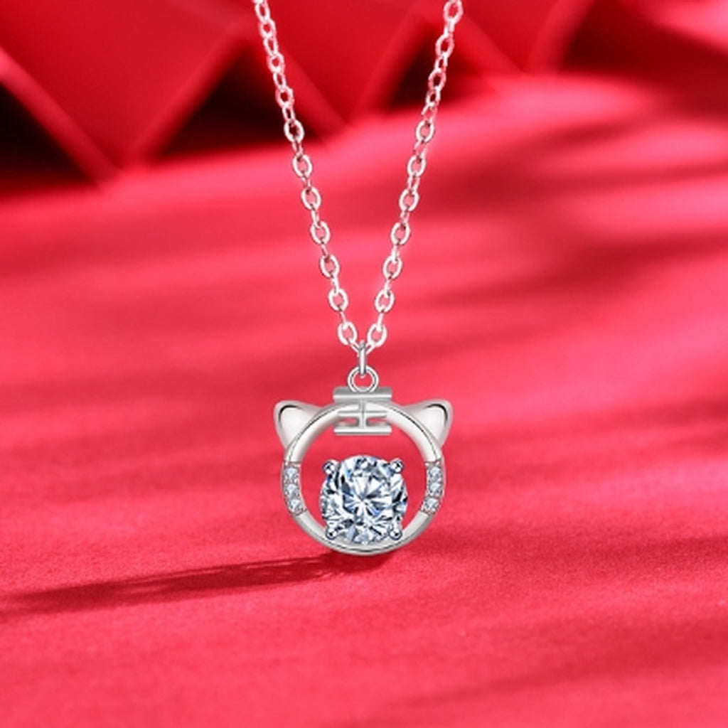 Tiger Round Moissanite Necklace with CZ in White Gold-Plated S925 sterling silver angled product detail view