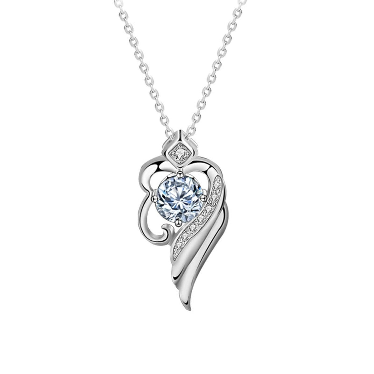 Angel Wing Heart Round Moissanite Necklace with CZ in White Gold-Plated S925 sterling silver white background product photo showing angel wing heart pendant with round moissanite center and CZ sweep
