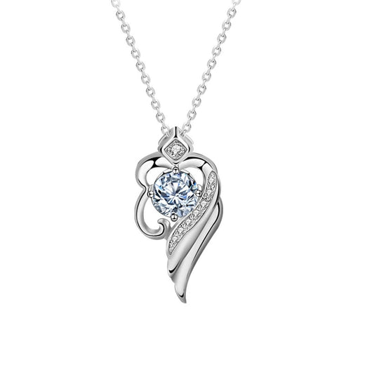 Angel Wing Heart Round Moissanite Necklace with CZ in White Gold-Plated S925 Sterling Silver