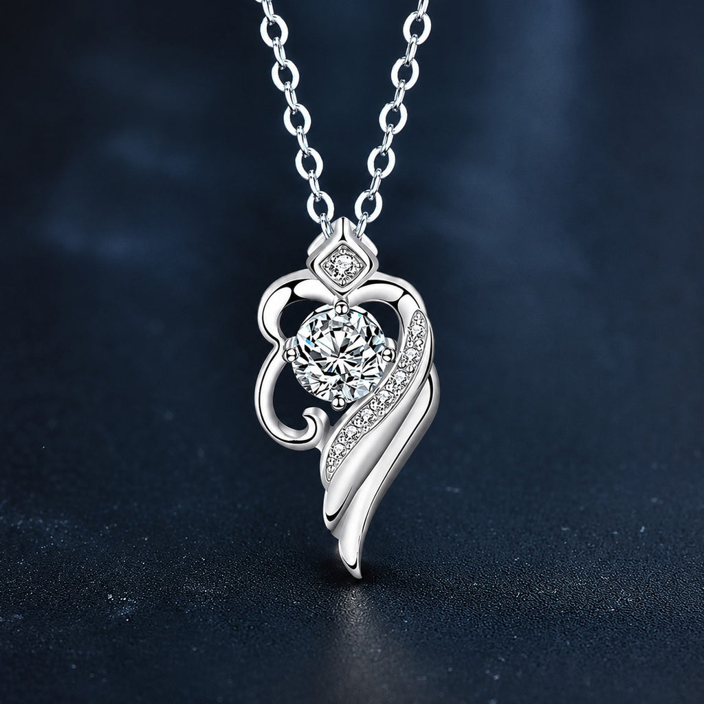 Angel Wing Heart Round Moissanite Necklace with CZ in White Gold-Plated S925 sterling silver close-up product scene showing pendant setting