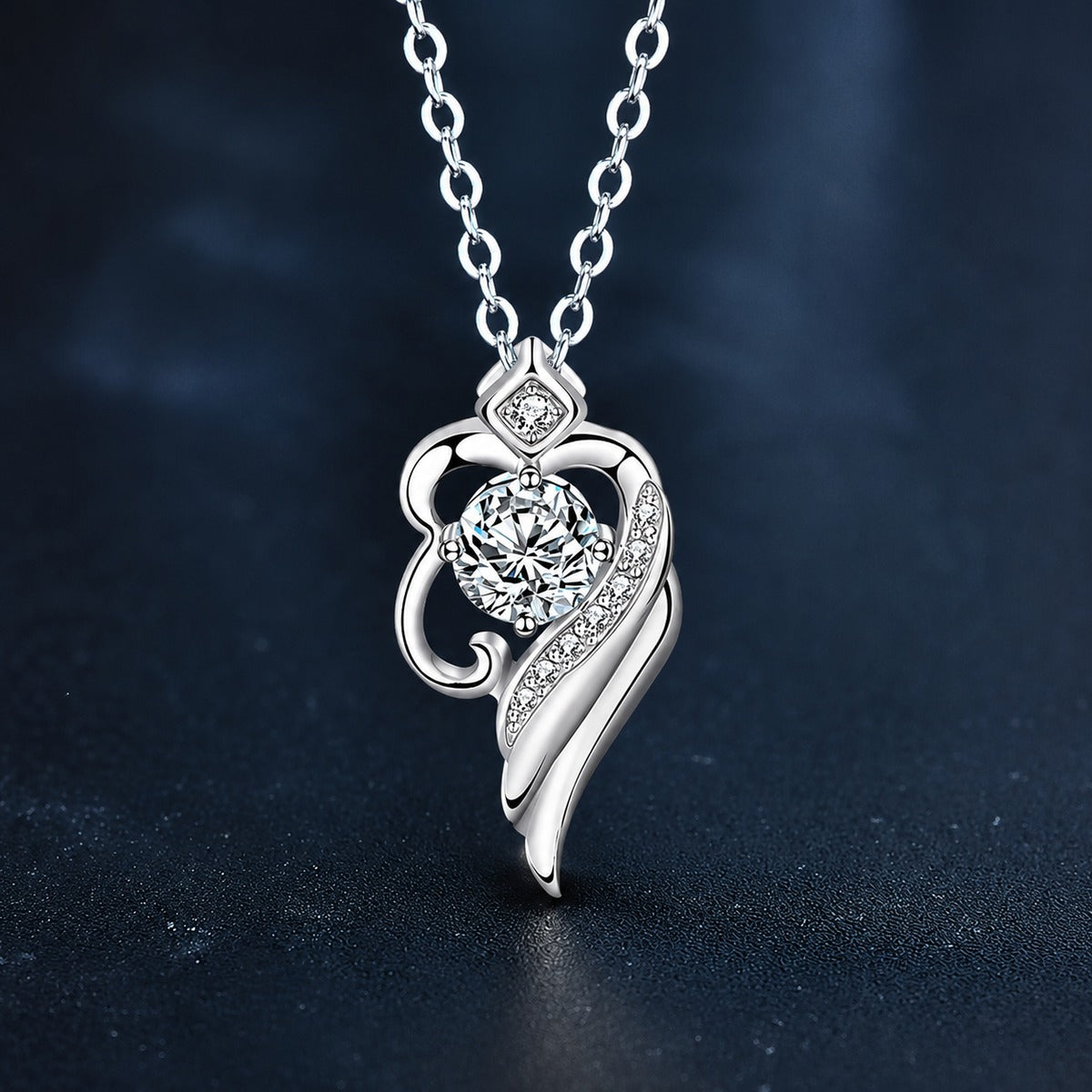 Angel Wing Heart Round Moissanite Necklace with CZ in White Gold-Plated S925 sterling silver close-up product scene showing pendant setting