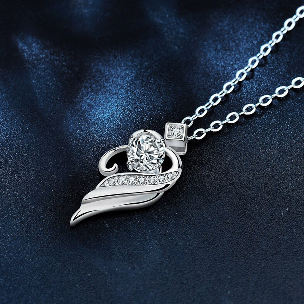Angel Wing Heart Round Moissanite Necklace with CZ in White Gold-Plated S925 sterling silver blue display scene showing chain and stone layout
