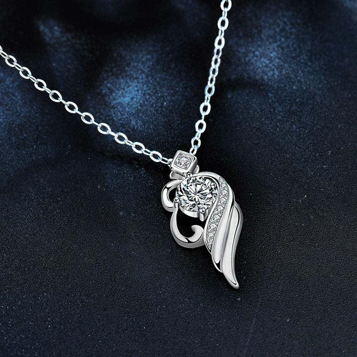 Angel Wing Heart Round Moissanite Necklace with CZ in White Gold-Plated S925 sterling silver angled product detail view