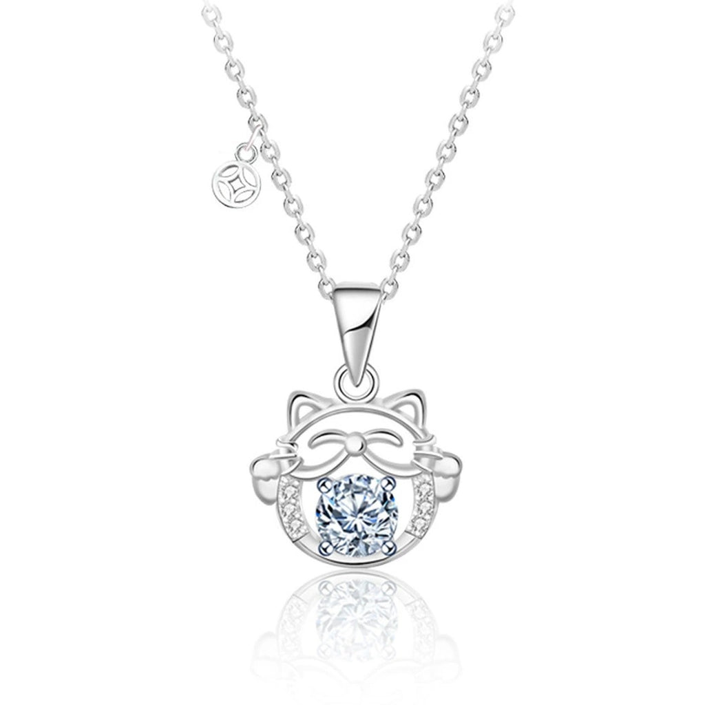 Cat Round Moissanite Necklace with CZ in White Gold-Plated S925 sterling silver white background product photo showing cat pendant with round moissanite center and CZ bow detail