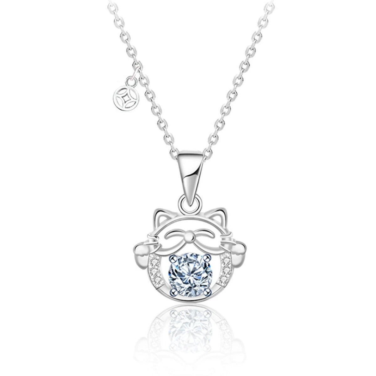 Cat Round Moissanite Necklace with CZ in White Gold-Plated S925 sterling silver white background product photo showing cat pendant with round moissanite center and CZ bow detail