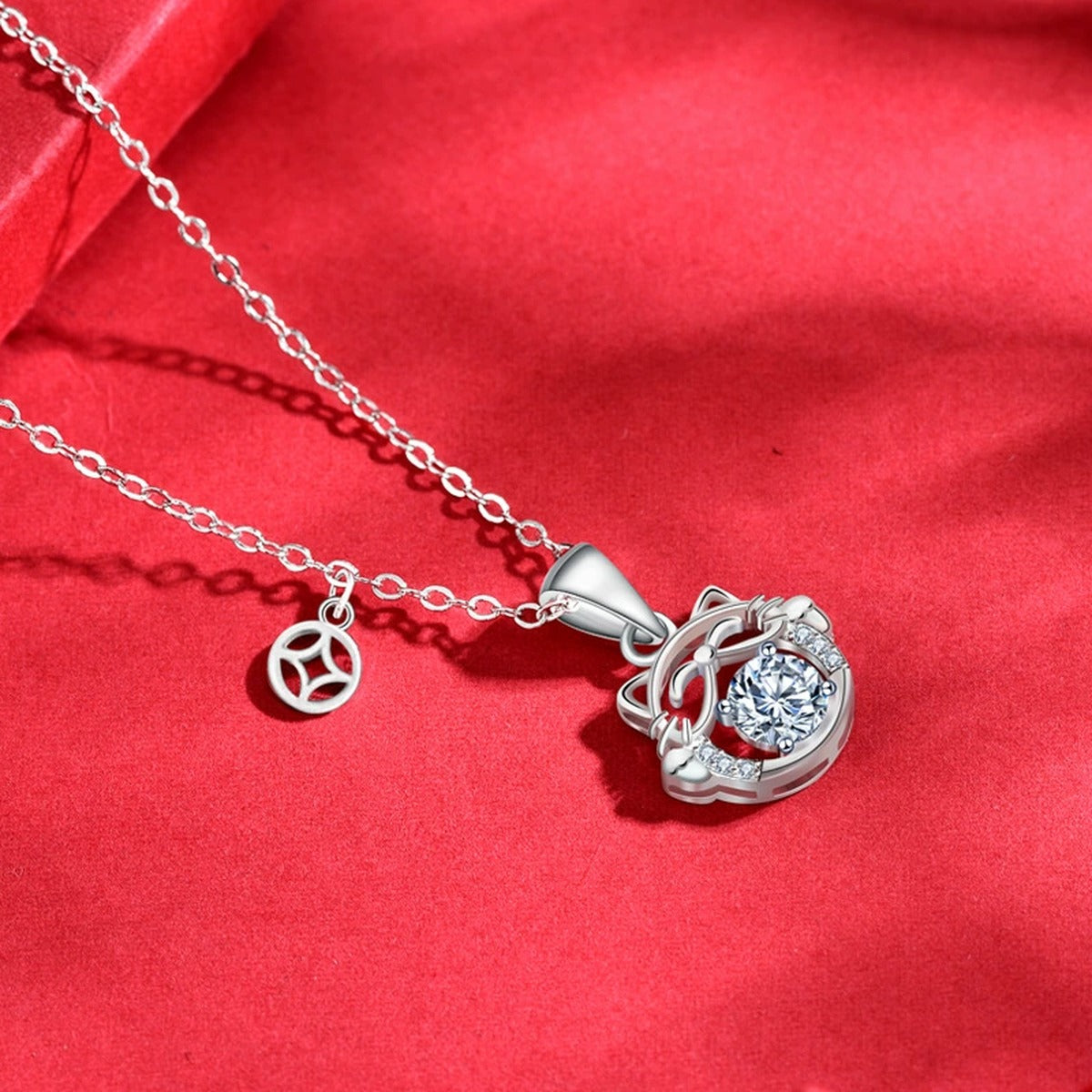 Cat Round Moissanite Necklace with CZ in White Gold-Plated S925 sterling silver close-up product scene showing pendant setting