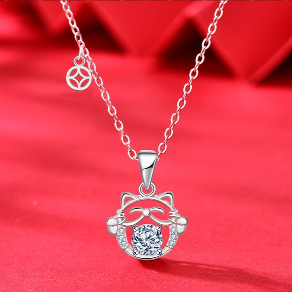 Cat Round Moissanite Necklace with CZ in White Gold-Plated S925 sterling silver blue display scene showing chain and stone layout