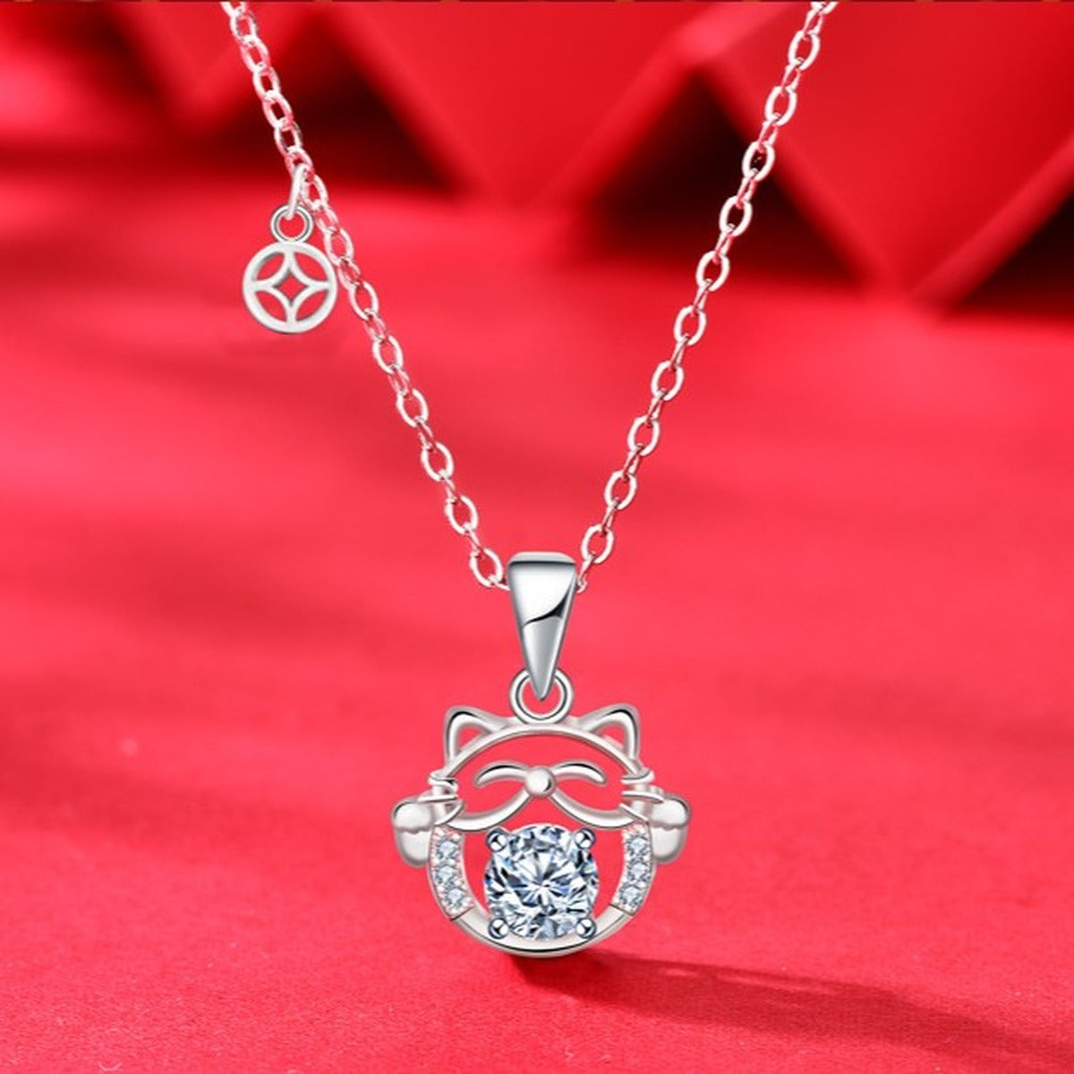 Cat Round Moissanite Necklace with CZ in White Gold-Plated S925 sterling silver blue display scene showing chain and stone layout