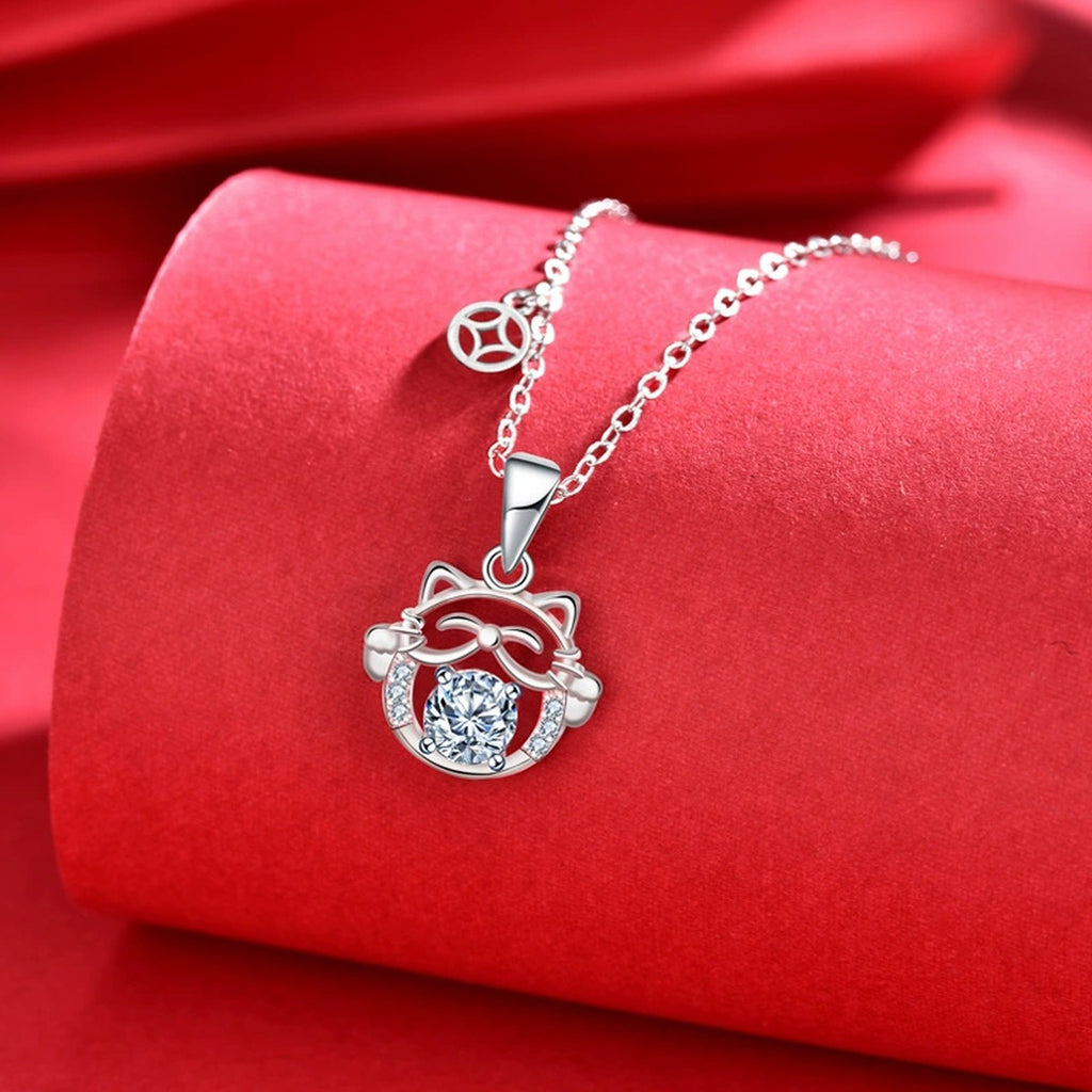 Cat Round Moissanite Necklace with CZ in White Gold-Plated S925 sterling silver angled product detail view